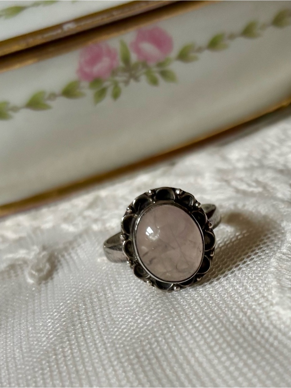 Sterling Silver Rose Quartz Oval Ring - Pink Gemstone-Size 7